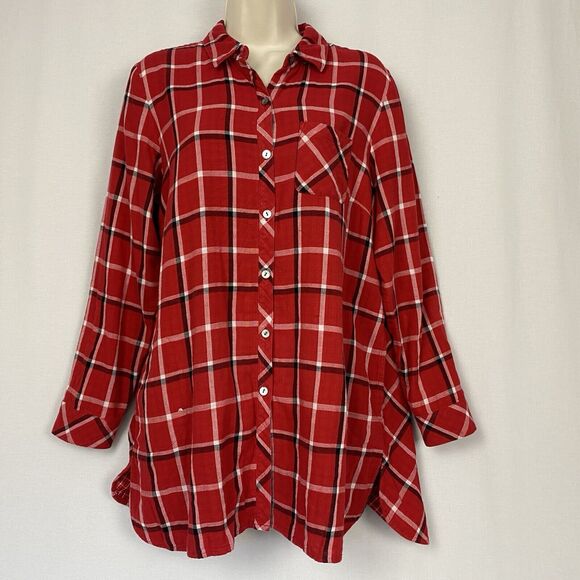 J Jill Tunic Button Up Top Womens Medium Petite Red Plaid Pockets Shacket Grunge - Picture 2 of 14